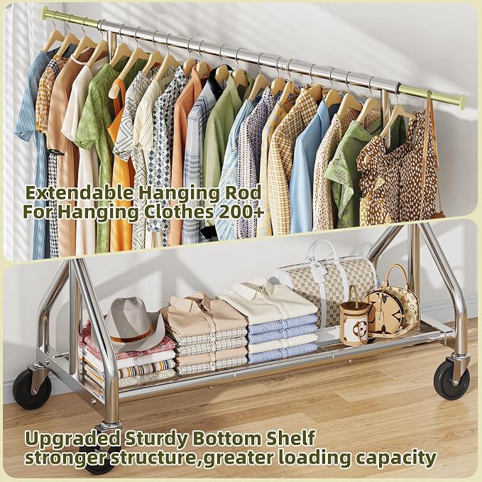 Simple Trending Heavy Duty Clothes Rack, Double Rod Clothing Rack with Wheels & Shelf, Rolling Garment Rack for Hanging Clothes, Adjustable Freestanding Wardrobe Closet for Bedroom, Laundry, Chrome