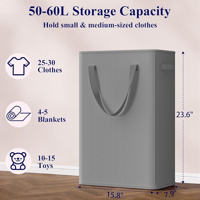 Optish 50L Slim Laundry Hamper, Small Laundry Hamper With Handles, Narrow Laundry Basket for Dorm, Bedroom, Living Room, Collapsible Laundry Basket, Grey