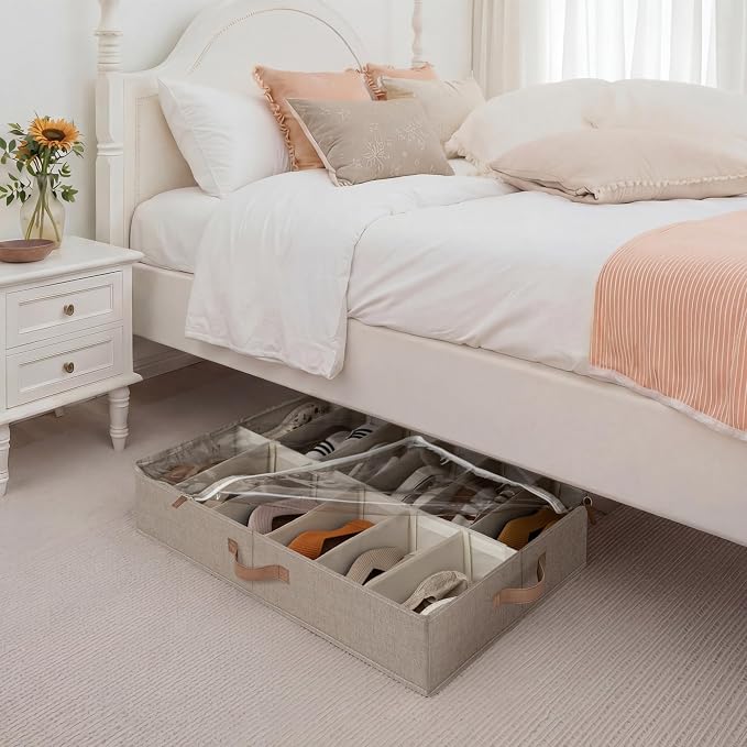 StorageWorks 2-Pack 24-Pair Under bed Shoe Storage Organizer, Taupe | Adjustable Dividers, Holds up to 12 Pairs Each, 5.25" Height, Fits 6-inch+ Clearance, Clear Top, For Closet, Bedroom
