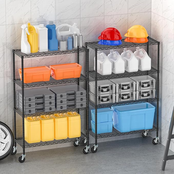 Folews 4-Tier Storage Shelving Unit with Wheels, Metal Rolling Storage Shelves NSF Adjustable Layer Steel Rack Shelf, Wire Shelving Storage for Kitchen Garage Pantry Office, Black (14D x 36W x 57H)