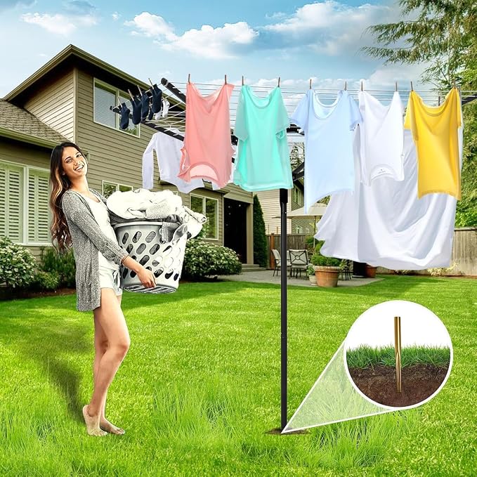 65ft 4-Arm Rotary Umbrella Clothesline Adjustable Height for Backyard | Heavy duty retractable outdoor drying rack with 12 lines, adjustable height, great for backyard laundry drying