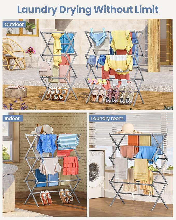 APEXCHASER Oversize 3-Tier Clothes Drying Rack, No Install, Grey | Expandable Design, Non-slip feet, Tool-free Setup, Rust Prevention, Sturdy Construction, 14.9" D x 29.3" W, Holds 24lbs