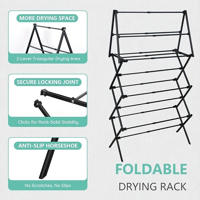 ZOES HOMEWARE 4 Tier Clothes Drying Rack Foldable | Foldable Clothing Drying Rack | Laundry Drying Rack Collapsible for Laundry Room, Dorm, Expandable Sturdy Metal Design | Black 29"L x 11.5"W x 53"H