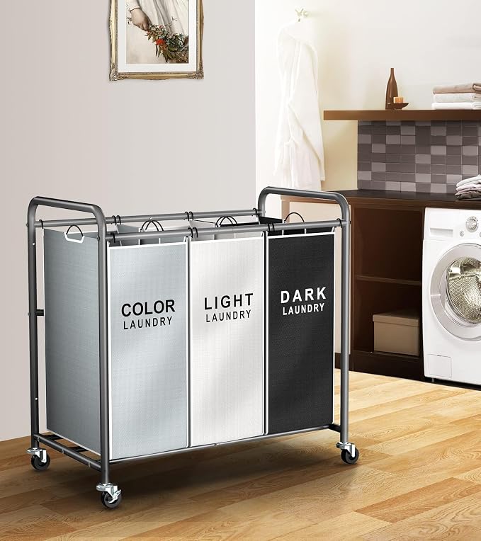 ROMOON Laundry Sorter Hamper 3 Section, Divided Laundry Basket Organizer | Rolling Clothes Hamper with Heavy Duty Lockable Wheels and Removable Bags for Apartment, Dorm & Family, 135L, Multicolor
