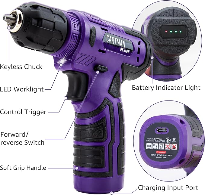 CARTMAN 150-Piece Household Tool Set, 8V Cordless Drill Driver Kit, Complete Hand Tool Kit for Home Maintenance, DIY Projects and Repairs, Purple