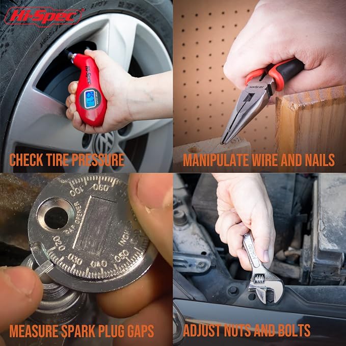 Hi-Spec Compact Auto Garage Tool Kit with Digital Tire Pressure Gauge | 65pc, socket and wrench coverage, roadside fixes, organized box, garage maintenance help, bike and vehicle tasks, quick setup