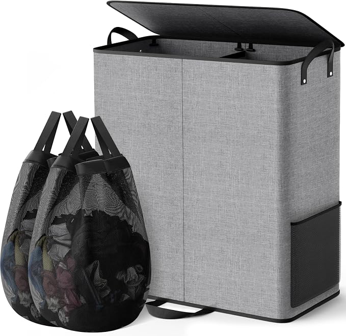 155L 2 Section Laundry Hamper with Lid, Laundry Basket, Gray | Large Laundry Hampers with Reinforced Handles & Removable Bags, Tall Dirty Clothes Hamper for Laundry Room, Bedroom, Bathroom