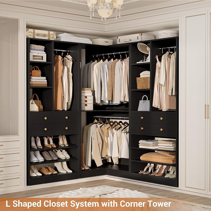 Besiost Closet System with 4 Drawers and Hanging Rods, 59.5"L / 87"L Closet Organizer System with Corner Tower, L Shaped Walk-in Closet System, Corner Closet System with Shelves, Set of 3, Black