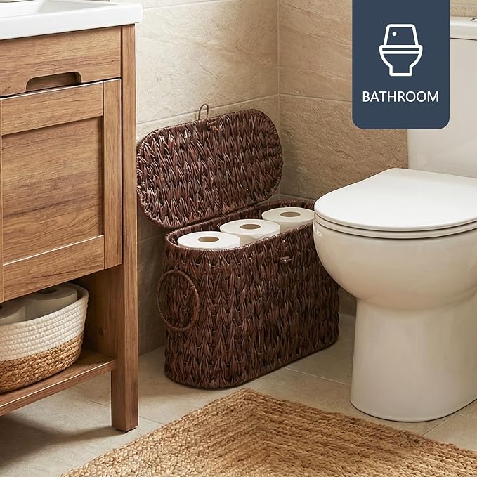 Coeusy Toilet Paper Basket with Lid, Wicker Basket for Bathroom Organizers and Storage, Holds Up to 6 Mega Rolls, Decorative Hand-Woven Rattan Bathroom Decor Accessories, Brown