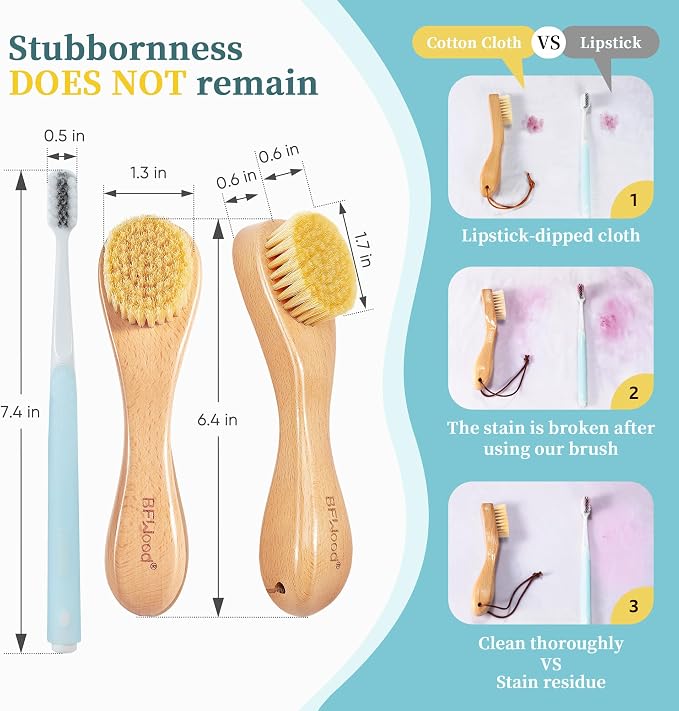 2PCS Laundry Stain Brush - Natural Soft Boar Bristles, Removes Tough Stains from Delicate Fabrics Like Knits, Cotton, and Linens, Gentle on Fabrics, No Damage