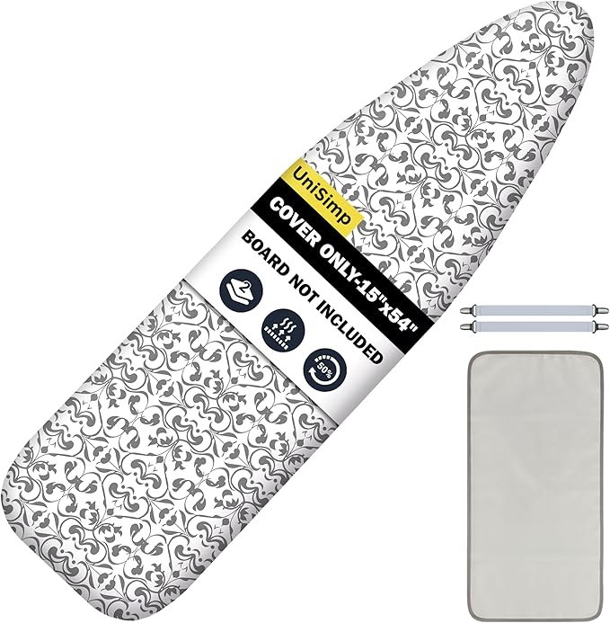 UniSimp Ironing Board Cover and Pad 15"x54" Extra Thick Natural Cotton, Scorch and Stain Resistant Padding,Standard Size Iron Board Cover with Fasteners Heavy Duty Elastic Edge, Heatproof Ash