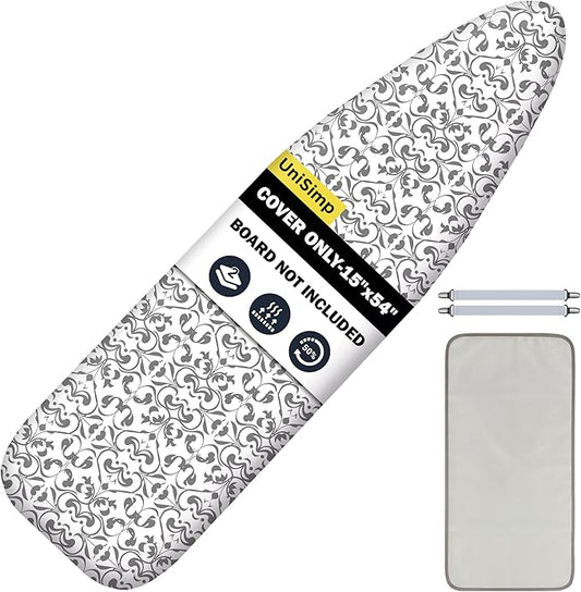 UniSimp Ironing Board Cover and Pad 15"x54" Extra Thick Natural Cotton, Scorch and Stain Resistant Padding,Standard Size Iron Board Cover with Fasteners Heavy Duty Elastic Edge, Heatproof Ash
