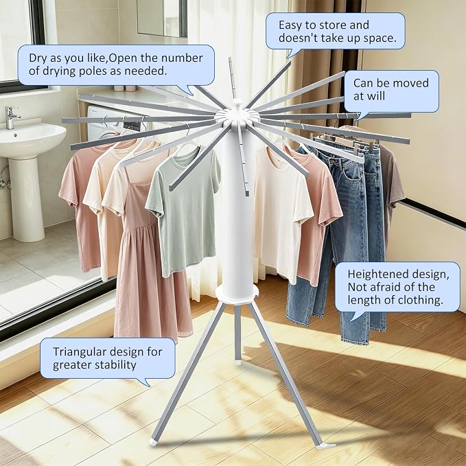 Tripod Foldable Clothes Rack,Garment Rack Portable with Collapsible Design | Freestanding Clothes Rack with Space-Saving Collapsible Design, Portable Clothing Organizer for Laundry Room, Bedroom