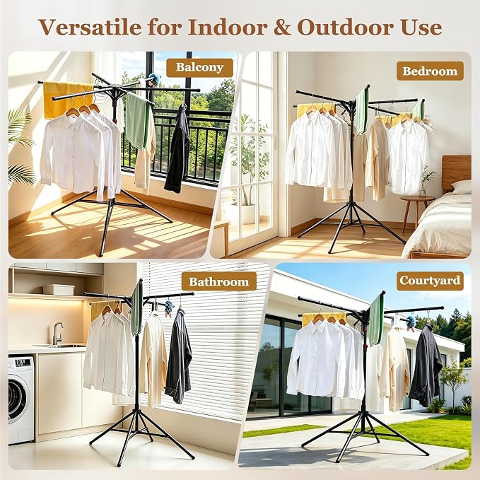 Adjustable Collapsible Umbrella Style Clothes Drying Rack, 4Legs6Telescopic Arms, Space-Saving Freestanding Laundry Airer with Windproof Clips, Easy Setup Indoor Outdoor (Black-Carbon Steel)