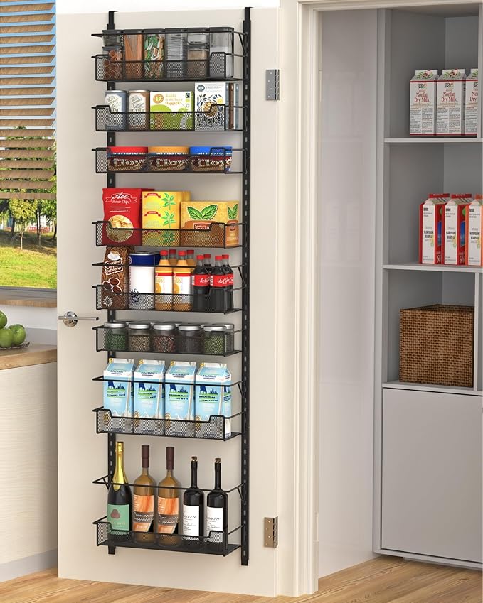 VyGrow Over the Door Pantry Organizer, 8-Tier Over the Door Organizer with Adjustable Basket, Pantry Door Organization for Pantry Kitchen Storage Room Spice Rack, Black