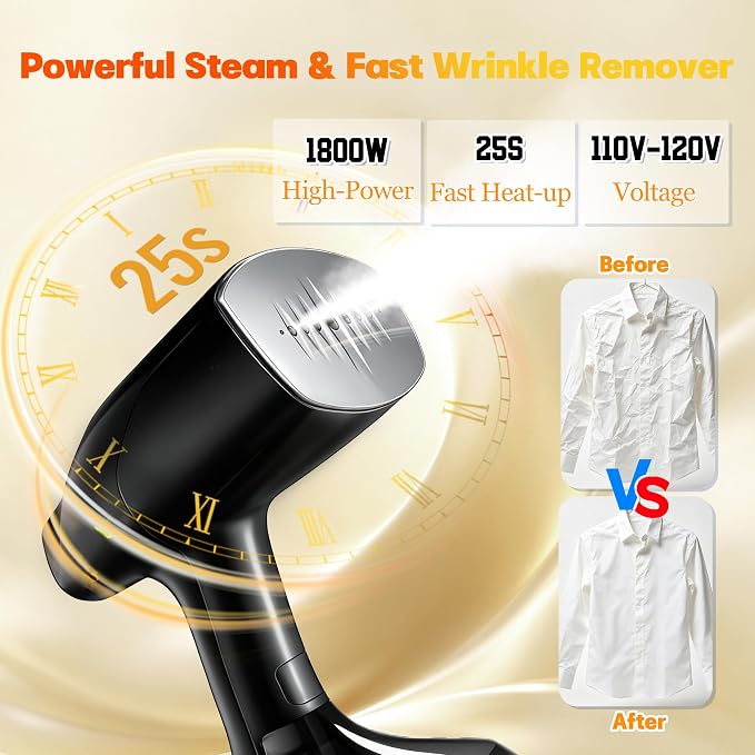 Handheld Steamer for Clothes, 1800W Powerful Steam & Fast Wrinkle Remover | 3 Steam Settings, 25S Fast Heat-up, 110-120V, Fabric Brush & 280ml Big Capacity, ideal for home & travel wrinkle removal
