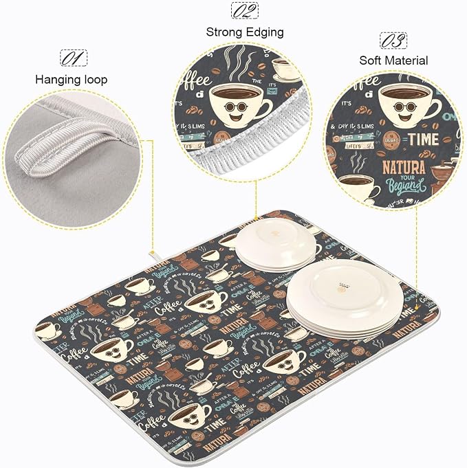 Coffee Maker Mat for Tabletop, Microfiber Dish Drying Mats Cafe Bar Kitchen Spill Mat 16x18 Inch Medium