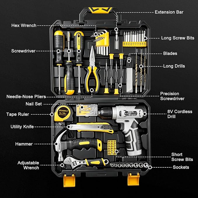 Tool Set, Tool Kit for Home, 8V Cordless Drill Set, 157 PCS Tool Kit with Drill, General Household Hand Tool Box with Storage Case, Power Drill Kit for Women and Men, Home Maintenance and Repairs