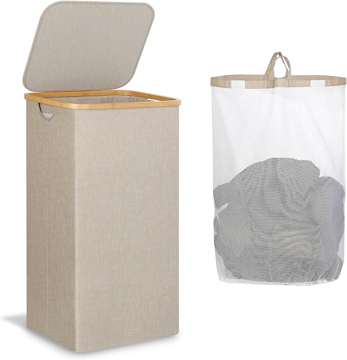 IEGrow Laundry Hamper with Lid,110L Laundry Basket with Mesh Bag,Oatmeal | Dirty Clothes Hamper Basket with Bamboo Handle for Clothes Towels Organization