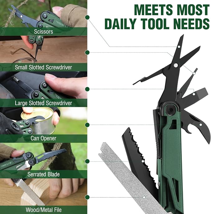 FLISSA 15-in-1 Multitool Pliers Stainless Steel EDC for Men | Pocket Knife with Sheath, Saw and Screwdrivers. Nylon Carry Case. Camping, Fishing, Gift， Survival