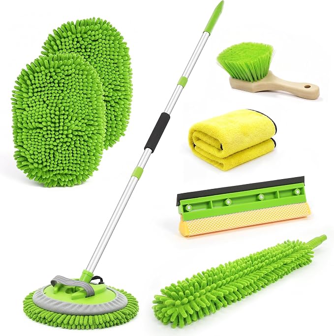 Ordenado 62" Car Wash Brush With Long Handle - 6Pcs Car Wash Kit with Chenille Microfiber Mop Mitt, Windshield Squeegee, Duster, Towel & Tire Brush, Scratch-Free Car Exterior Cleaning Kit for RV Truck