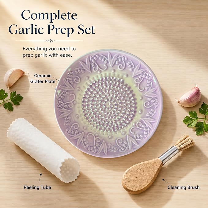 Handcrafted Ceramic Garlic Grater Plate 4-Pc Set, 5.12" Handmade Porcelain Grinding Dish with Wooden Boar Bristle Brush & Textured Silicone Peeler, Lavender Purple Embossed Lily