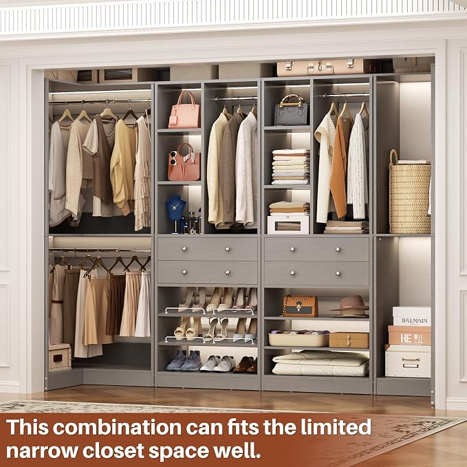 Besiost Closet System with 4 Drawers & Corner Tower, Closet Organizer System with 4 Hanging Robs, Reversible U Shaped Walk-in Closet System, Load 2600+LBS Capacity, Set of 4, Morandi Grey