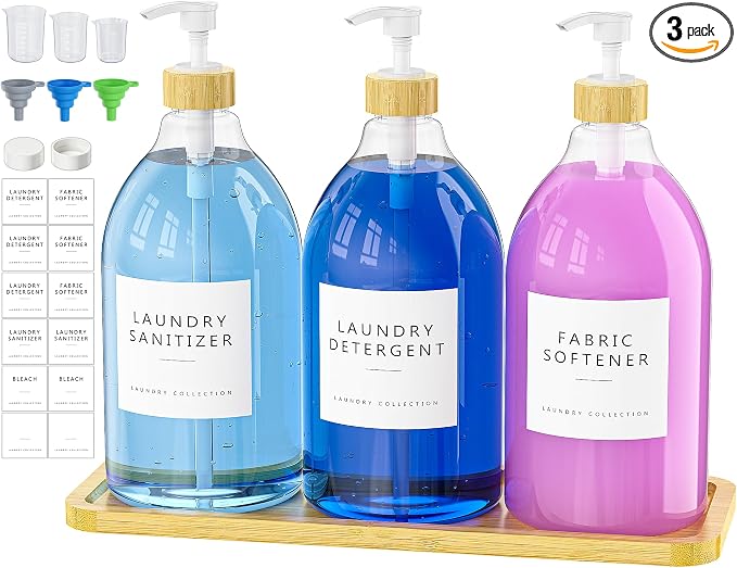 Moforoco 3 Pack White Liquid Laundry Detergent Dispenser with Bamboo Tray, 64 Oz Plastic Laundry Soap Dispenser, Fabric Softener Dispenser with Pump and Labels for Laundry Room Decor and Organization