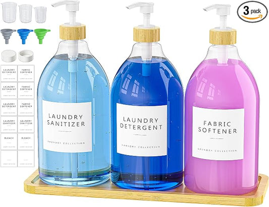 Moforoco 3 Pack White Liquid Laundry Detergent Dispenser with Bamboo Tray, 64 Oz Plastic Laundry Soap Dispenser, Fabric Softener Dispenser with Pump and Labels for Laundry Room Decor and Organization