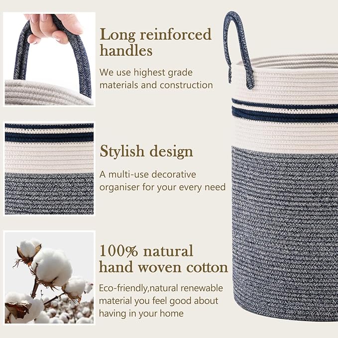 YOUDENOVA Cotton Rope Laundry Hamper Basket, 72L Blanket Basket for Nursery | Large Woven Laundry Hamper with Sturdy Handles, Collapsible Home Decor Laundry Basket for Laundry, Clothes, Toys in Bedroom