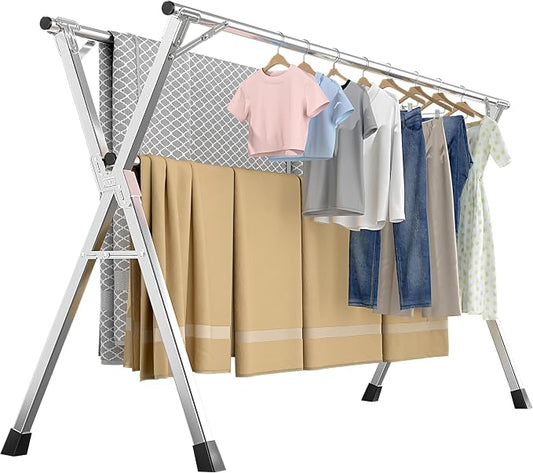 Folding Stainless Steel Laundry Drying Rack 63 Inches | Heavy-duty stainless steel, Foldable & Retractable, Holds up to 150 lbs, Includes 20 windproof hooks for indoor & outdoor use