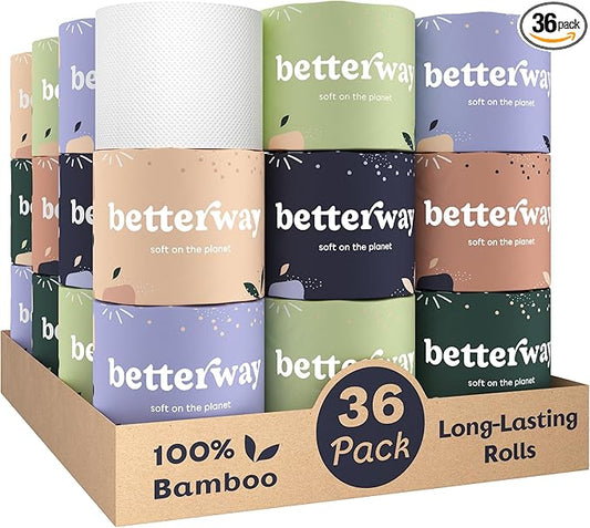Betterway Bamboo Toilet Paper 3 Ply - Sustainable Toilet Tissue - 36 Long-Lasting Organic Rolls & 360 Sheets Per Roll - Septic Safe - Plastic & PFAS Free - FSC Certified