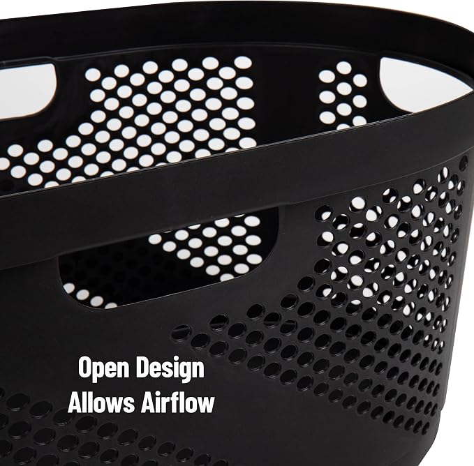 Mind Reader 40L Ventilated Laundry Baskets, Lightweight Clothes Hamper with Cutout Handles for Bathrooms and Closets, Plastic, Set of 2, Black