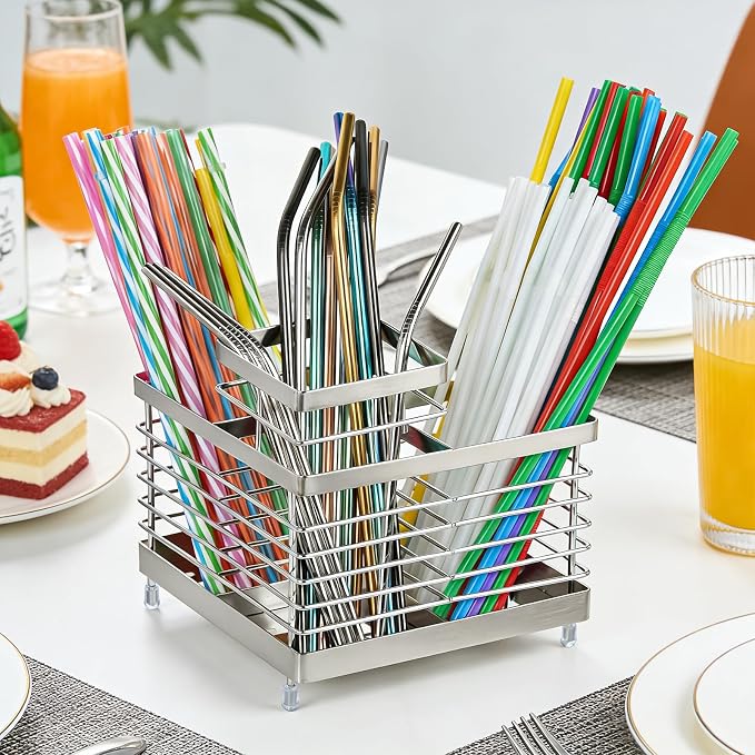 Utensil Holder, Stainless Steel Corner Utensil Holder for Kitchen Counter, 3 Compartments Utensil Crock Organizer for Spatulas, Silverware, Forks, Knives, Spoons & Cooking Tools