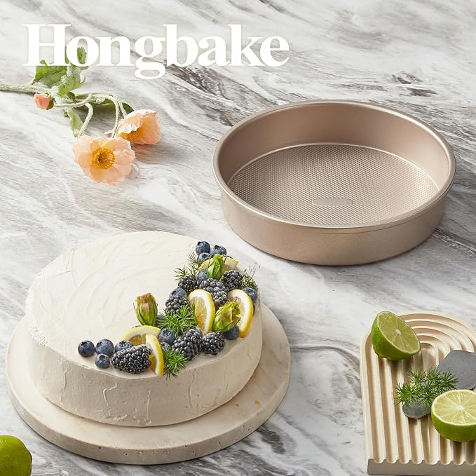 HONGBAKE Nonstick Ceramic 9 Inch Round Cake Pan Set of 2, Heavy-Duty Aluminized Steel Round Cake Pans with Diamond Texture, Non-Toxic Cake Molds, Cake Pans 9 Inch Round for Baking Cheesecake, Gold