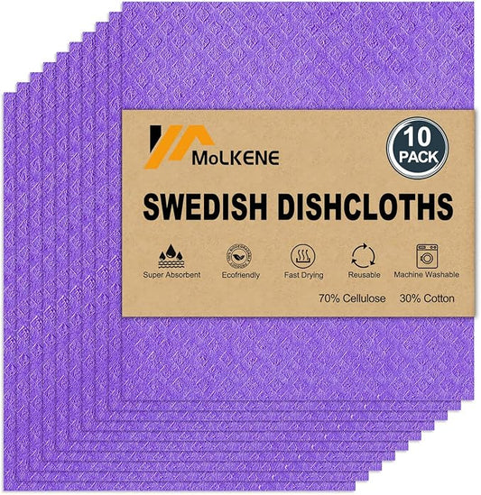 MoLKENE Swedish Dishcloths - 10 Pack Reusable Kitchen Dishcloths - Ultra Absorbent Dish Towels for Washing Dishes - Cellulose Sponge Cloth Cleaning Cloths - Purple