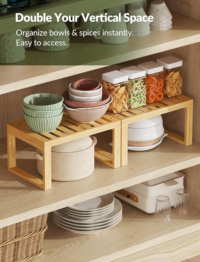 Tomorotec Bamboo Cabinet Organizer Shelf, 2 Pack Stackable Kitchen Counter | Slatted Drainage Top Prevents Water Buildup For Wet Dishes and Bathroom Use Eco Friendly Material Easy Assembly