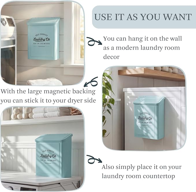 MONJITA Magnetic Lint Bin for Laundry Room, Metal Trash Can with Lid for Dryer, Farmhouse Lint Holder, Laundry Co Sign, Laundry Room Storage Decor with Dryer Lint Brush (Mint)