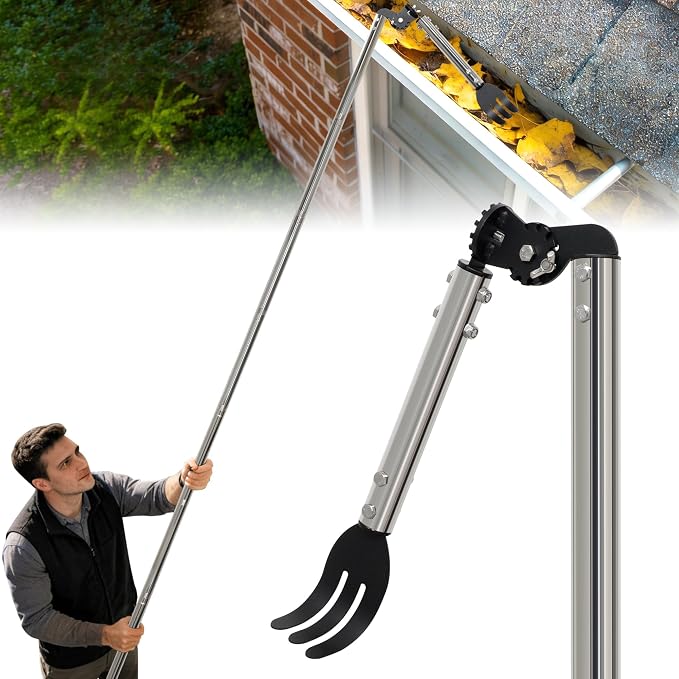 12FT Gutter Cleaning Tools from the Ground, Dual-Axis Spring Steel Gutter Cleaner Tool, Adjustable Length Cleaning Pole with Rake for Leaves, Muck and Roof Debris