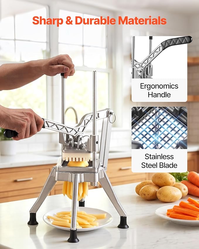 VEVOR French Fry Cutter, 1/4" Blade Commercial Potato Chopper, Lever-Action Vegetable Dicer with Ergonomic Handle, Stainless Steel Potato Slicer for Thin Cut Fries, Onion, Carrots, Bell Pepper