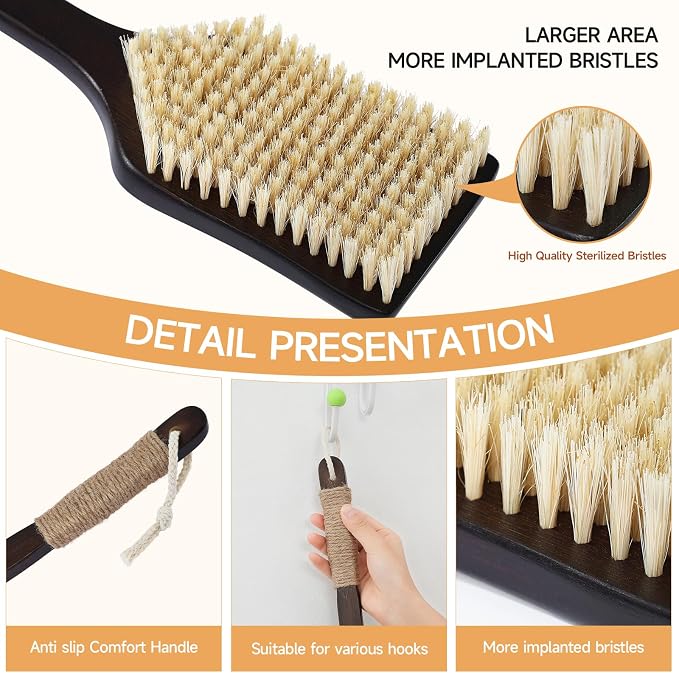 Back Scrubber Shower Brush,Dry Brushing Body Brush with 17.7 Inch Curved Long Handle, Natural Bristles for Lymphatic Drainage, Soft & Stiff Bristles Available (Natural Fiber, Soft)