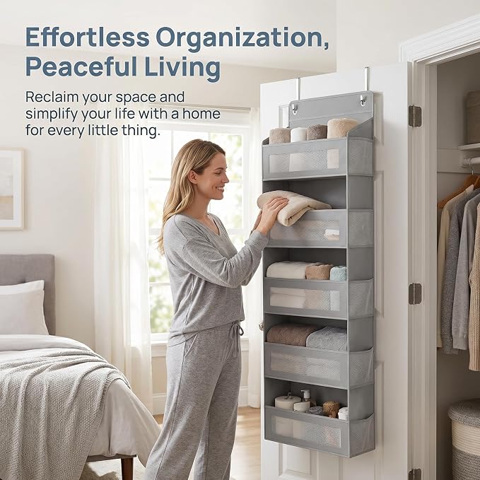 5 tier over the door organizer，behind door organizer，no drill door hanging storage for Bedroom Dorm Wardrobe Home Travel (Modern Minimalist Light Gray)