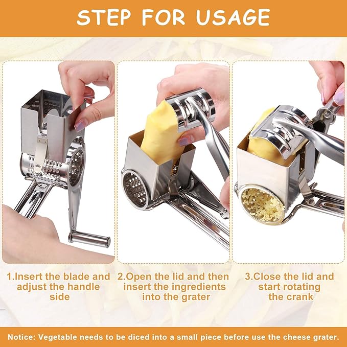 Honoson Rotary Cheese Grater Stainless Steel Handheld Rotary Parmesan Grater Cheese Cutter Slicer with 4 Stainless Drum for Grating Hard Chocolate Nuts Kitchen Tool