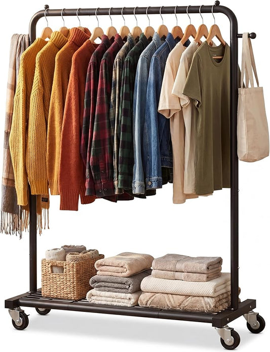 Sywhitta Clothing Rack on Wheels with Mesh Storage Shelf & Sturdy Metal Frame, Rolling Garment Rack for Hanging Clothes, Coats, Skirts, 39.76" L x 16" W x 64.56" H,Black