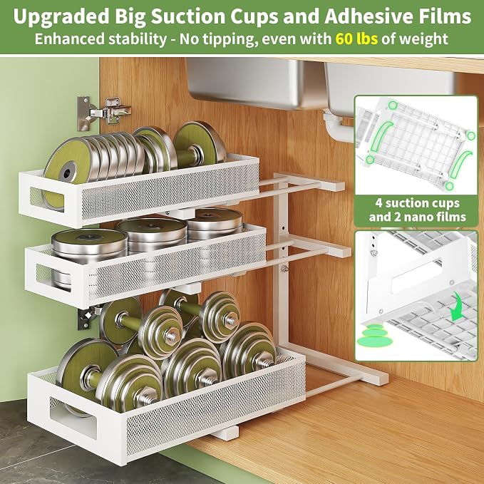 3-Tier Under Sink Organizer,2 Pack Height Adjustable Pull Out Cabinet Organizer Shelf, Thickened Metal Slide out Storage Drawer Rack for Bathroom Laundry Room Kitchen Pantry Organization (White)