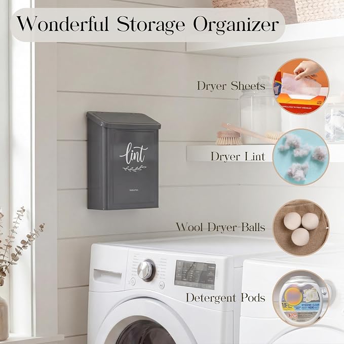 Perfnique Magnetic Lint Bin for Laundry Room with Lint Brush, Wall Mounted Lint Holder Trash can with lid for Dryer, Modern Farmhouse Rustic Metal Laundry Room Storage Organization and Decor(Gray)