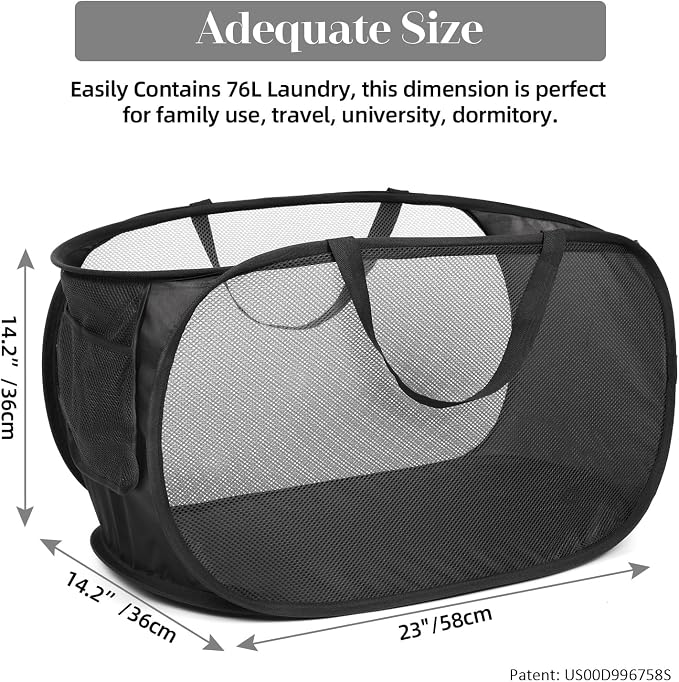 Durable Collapsible Laundry Baskets, Mesh Pop Up Laundry Hamper with Side Pocket, Foldable Clothes Storage Hamper with Reinforced Carry Handles for Laundry, Bathroom, Kids Room, Dorm or Travel Black