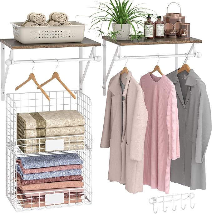 DAOUTIME 2 Set Laundry Room Wall Mounted Shelves With Wire Storage Baskets, Over Washer and Dryer With Hanging Rods and Hooks, for Organization and Storage, White, Wooden