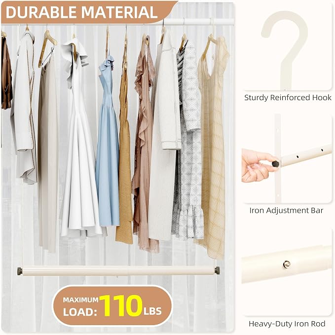 STORAGE MANIAC Adjustable Closet Rod for Hanging Clothes, 2 Pack White | Expandable 17.9"-29.7" Heavy-Duty Metal Closet Hanging Rod with 9 Height Adjustments, Space-Saving Double Closet Organizer