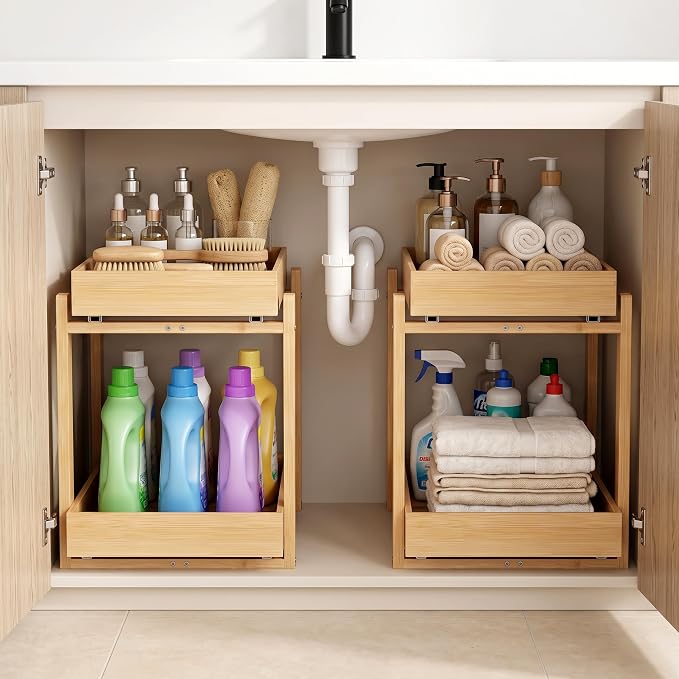 Bamboo Under Sink Organizer and Storage, 2 Pack Pull Out Cabinet Organization, 2 Tier Vertical Slide Out Undersink Storage Shelf, Multi-Purpose Organizer Shelves for Kitchen Bathroom Medicine